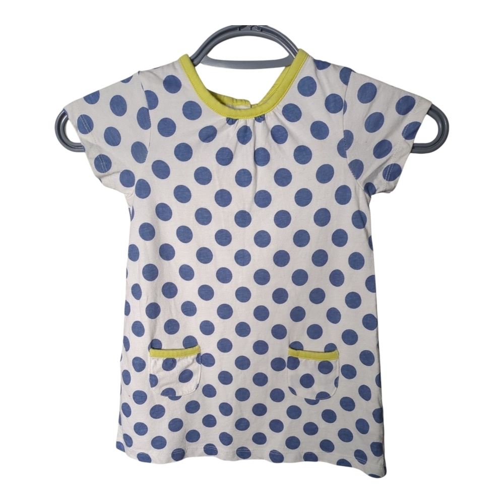 Baby Boden White with Blue Polka Dots Cotton Dress Yellow Trim Pockets 12-18m